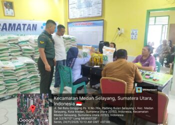 BABINSA KORAMIL 07/MT DAMPINGI PENYALURAN BANTUAN BERAS DAN MINYAK GORENG DI KELURAHAN PB SELAYANG 1